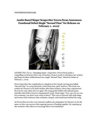 Austin Based Singer Songwriter Ferera Swan Announces Emotional Debut Single “Second Time” for Release on February 1, 201