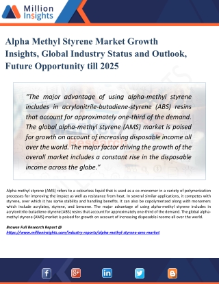 Alpha Methyl Styrene Market Manufacturers, Types, Regions and Application Research Report Forecast to 2025