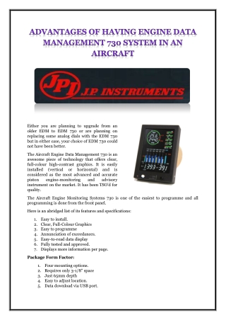 ADVANTAGES OF HAVING ENGINE DATA MANAGEMENT 730 SYSTEM IN AN AIRCRAFT