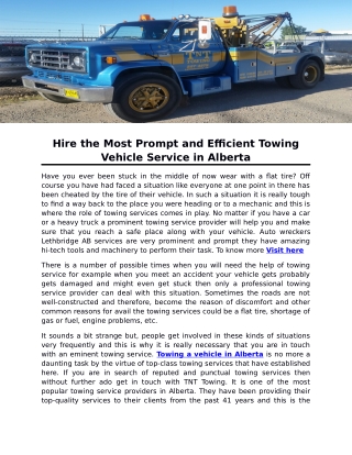 Hire the Most Prompt and Efficient Towing Vehicle Service in Alberta