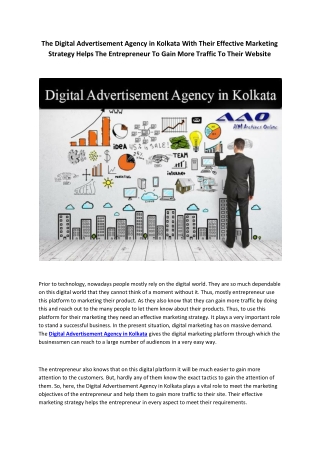 The Digital Advertisement Agency in Kolkata With Their Effective Marketing Strategy Helps The Entrepreneur To Gain More