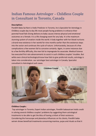 Indian Famous Astrologer – Childless Couple in Consultant in Toronto, Canada