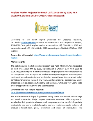 Acrylate Market Projected To Reach US$ 12,616 Mn By 2026, At A CAGR Of 6.3% From 2018 To 2026