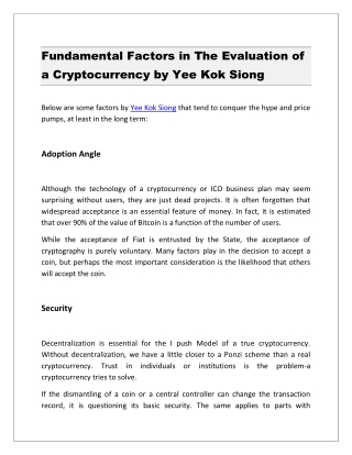 Fundamental Factors in The Evaluation of a Cryptocurrency by Yee Kok Siong