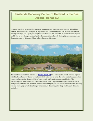 Pinelands Recovery Center of Medford is the Best Alcohol Rehab NJ