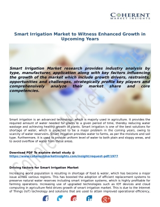 Smart Irrigation Market to Witness Enhanced Growth in Upcoming Years