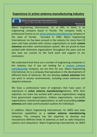Experience in active antenna manufacturing industry