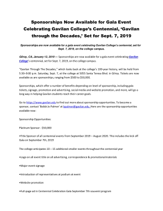 Sponsorships Now Available for Gala Event Celebrating Gavilan College’s Centennial Gavilan