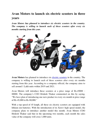Avan Motors to launch six electric scooters in three years