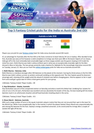 Top 5 Fantasy Cricket picks for the India vs Australia 2nd ODI