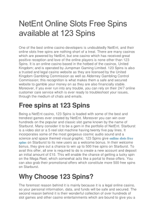 NetEnt Online Slots Free Spins available at 123 Spins