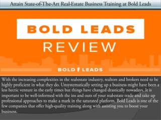 Attain State-of-The-Art Real-Estate Business Training at Bold Leads