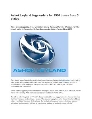 Ashok Leyland bags orders for 2580 buses from 3 states