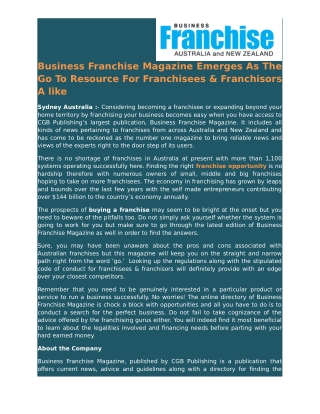Business Franchise Magazine Emerges As The Go To Resource For Franchisees & Franchisors A like