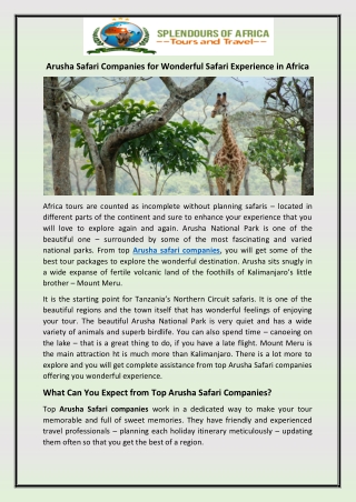 Arusha Safari Companies for Wonderful Safari Experience in Africa
