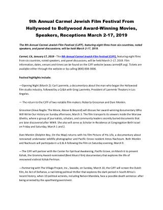 9th Annual Carmel Jewish Film Festival From Hollywood to Bollywood Award-Winning Movies, Speakers, Receptions March 2-17