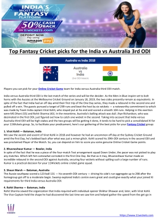 Top Fantasy Cricket picks for the India vs Australia 3rd ODI