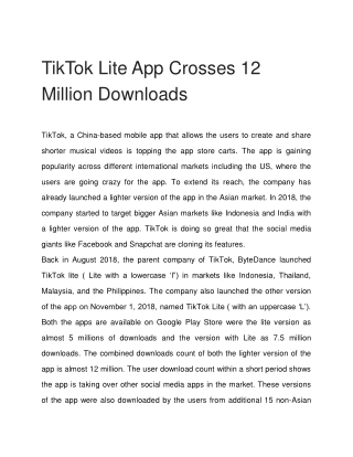 TikTok Lite App Crosses 12 Million Downloads