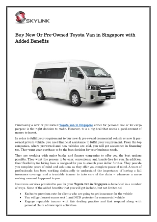 Buy New Or Pre-Owned Toyota Van in Singapore with Added Benefits