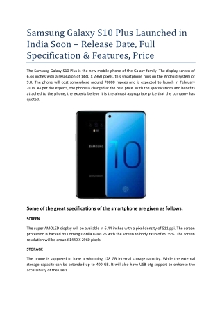 Samsung Galaxy S10 Plus Launched in India Soon – Release Date, Full Specification & Features, Price