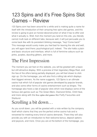 123 Spins and it's Free Spins Slot Games – Review