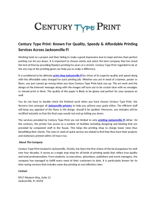 Century Type Print: Known For Quality, Speedy & Affordable Printing Services Across Jacksonville Fl