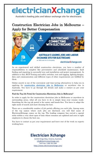 Construction Electrician Jobs in Melbourne – Apply for Better Compensation