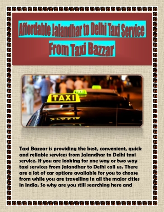 Affordable Jalandhar to Delhi Taxi Service From Taxi Bazzar