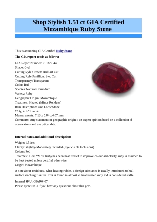 Shop Stylish 1.51 GIA Certified Mozambique Ruby Stone Online