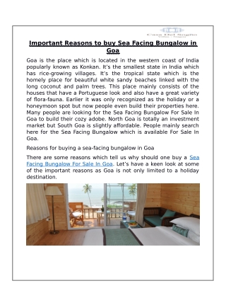 Important Reasons to buy Sea Facing Bungalow in Goa