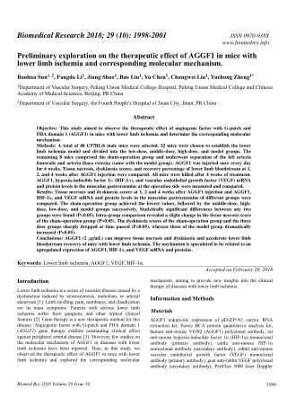 Preliminary exploration on the therapeutic effect of AGGF1 in mice with lower limb ischemia and corresponding molecular