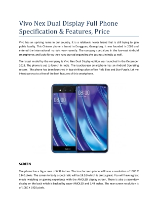 Vivo Nex Dual Display Full Phone Specification & Features, Price