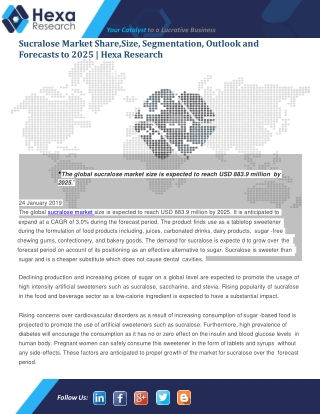 Sucralose Market is Growing Rapidly and Expected to Reach Approximately USD 883.9 Million by 2025