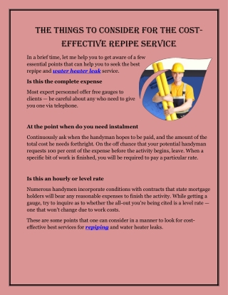 The Things To Consider For The Cost-Effective Repipe Service