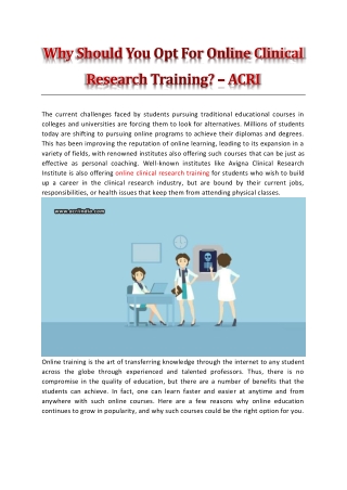 Why Should You Opt For Online Clinical Research Training? - ACRI