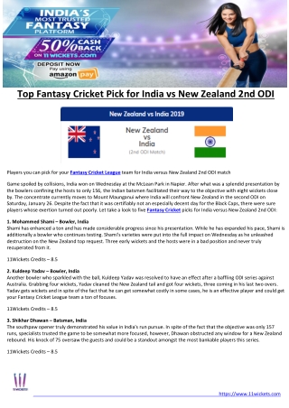 Top Fantasy Cricket Pick for India vs New Zealand 2nd ODI