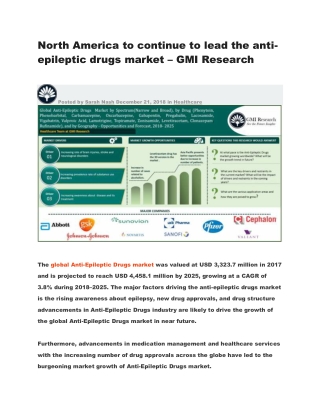 North America to continue to lead the anti-epileptic drugs market – GMI Research