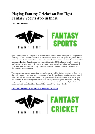 Playing Fantasy Cricket on FanFight Fantasy Sports App in India