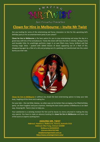 Clown for Hire in Melbourne – Invite Mr Twist