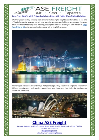 Cargo From China To UK Or Freight Quote From China – ASE Freight Offers The Best Solutions
