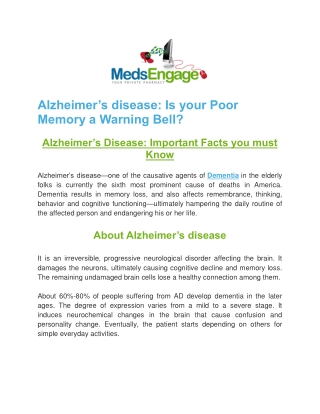 Alzheimer’s disease: Is your Poor Memory a Warning Bell?