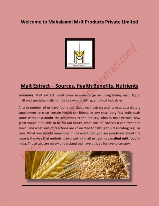 barley malt, Malt extract, malted milk food in India