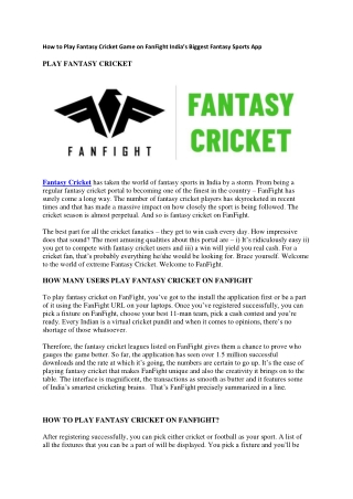 How to Play Fantasy Cricket Game on FanFight India’s Biggest Fantasy Sports App