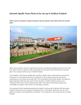 Seventh Apollo Tyres Plant to be set up in Andhra Pradesh