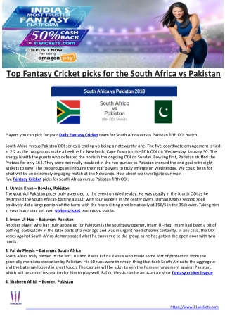 Top Fantasy Cricket picks for the South Africa vs Pakistan
