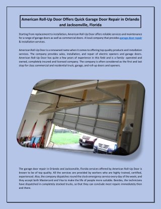 American Roll-Up Door Offers Quick Garage Door Repair in Orlando and Jacksonville, Florida