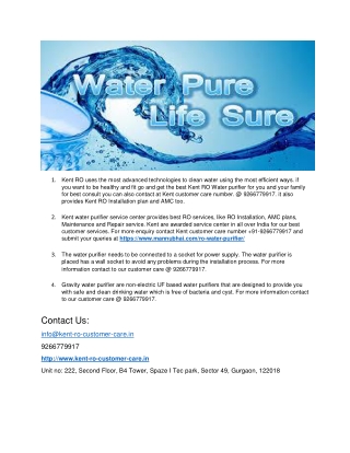 Kent Water Purifier Customer Care Number