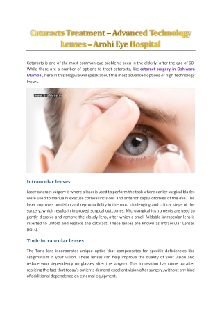 Cataracts Treatment – Advanced Technology Lenses – Arohi Eye Hospital