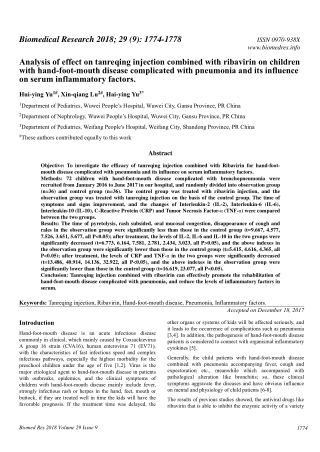 Analysis of effect on tanreqing injection combined with ribavirin on children with hand-foot-mouth disease complicated w