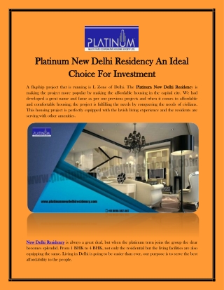 Platinum New Delhi Residency An Ideal Choice For Investment